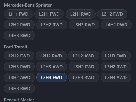Van picker: make / model / length / height, with the shell preview updating