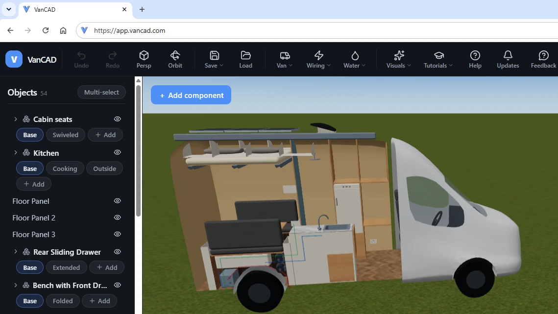 VanCAD open in a browser tab at app.vancad.com - a populated conversion in the 3D editor