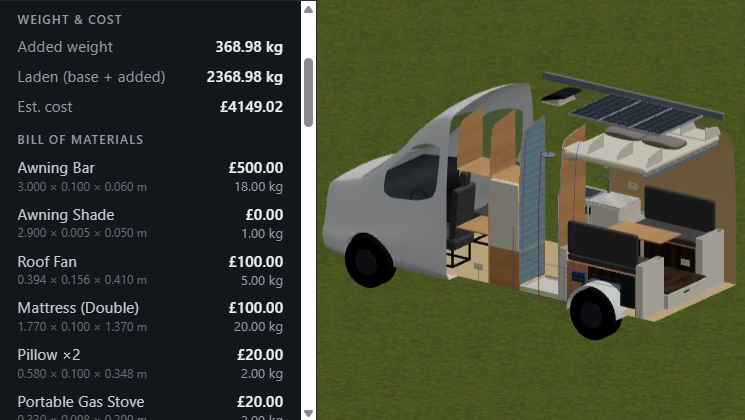 Bill-of-materials / weight / cost panel over a populated design
